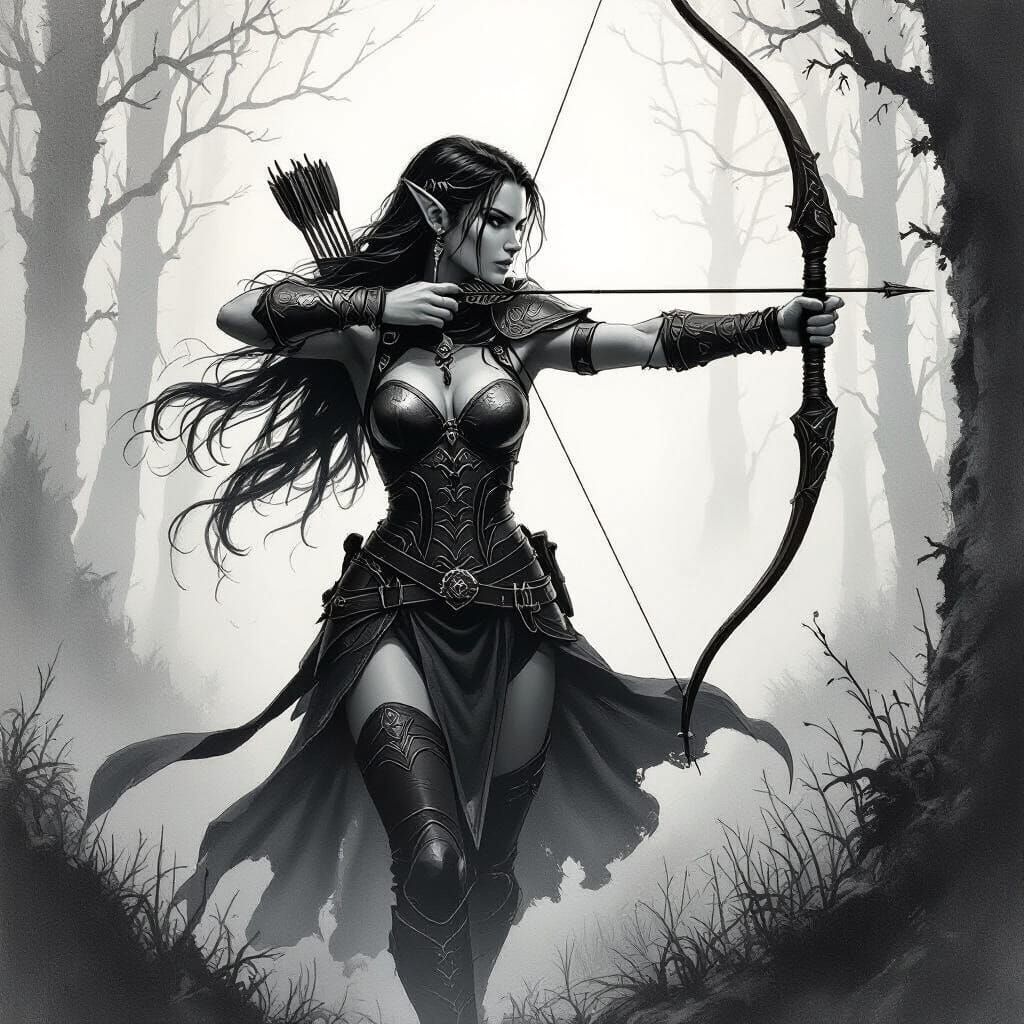 Elven Huntress in a Misty Forest, Howe Style