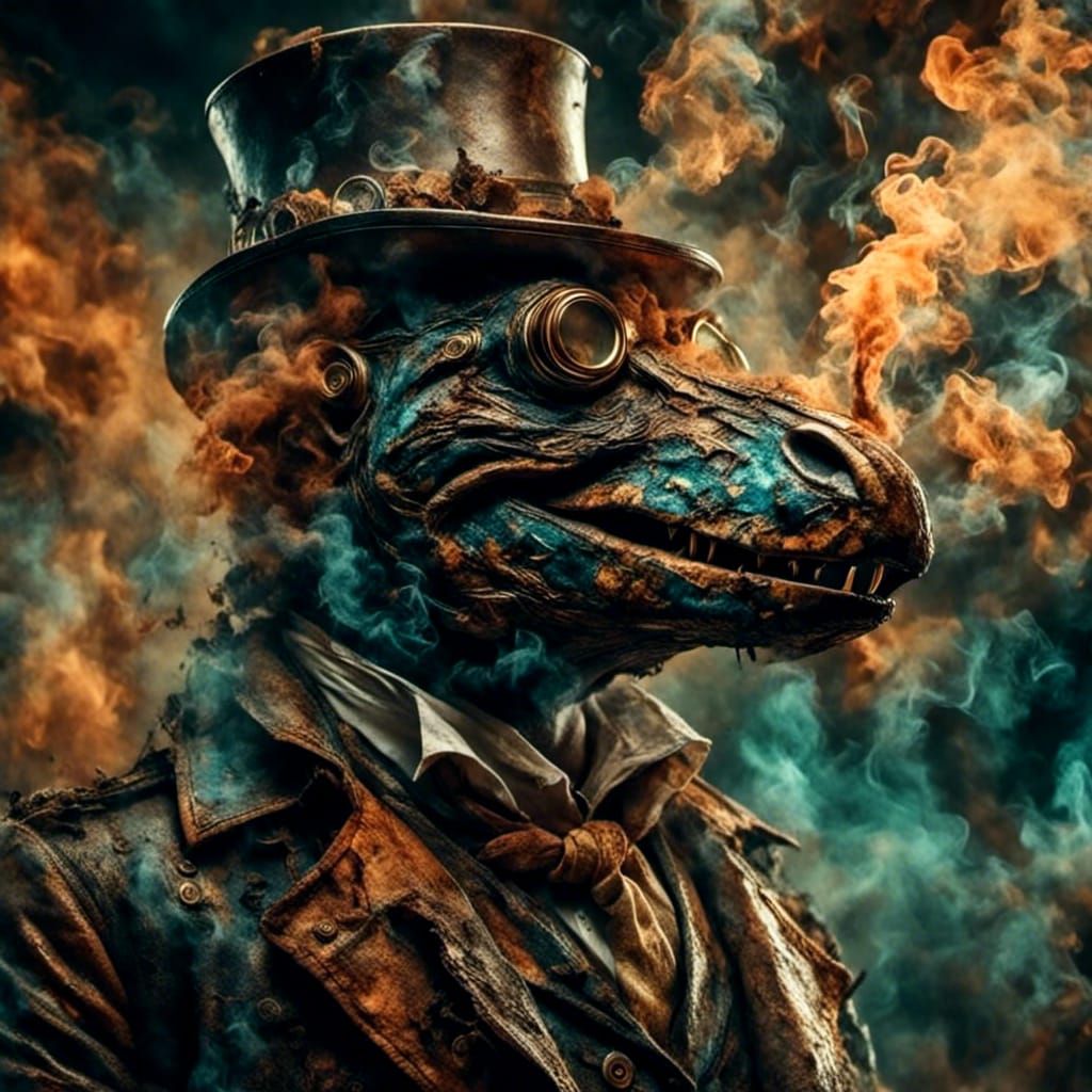Hyperrealistic Steampunk Alligator Smoking Cigar