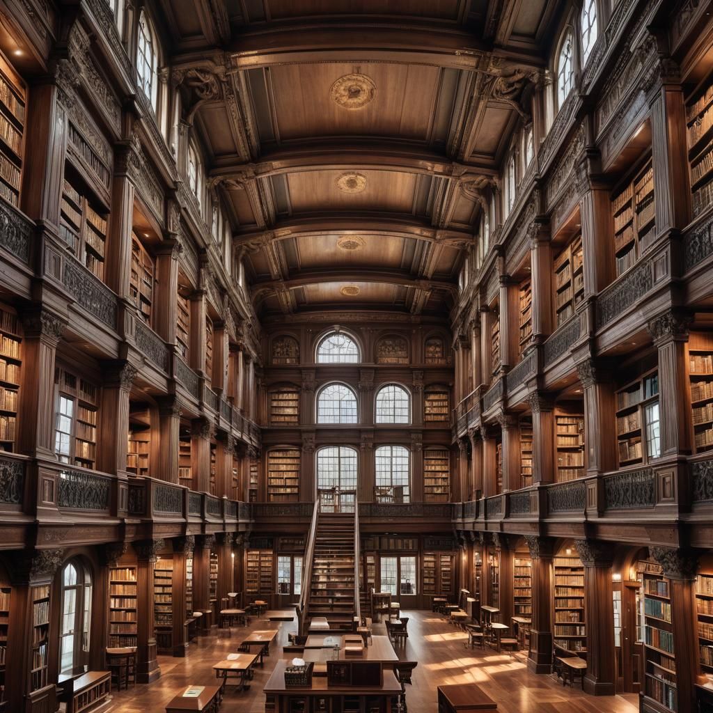 Grand Library with Rolling Ladders, Hyperrealistic