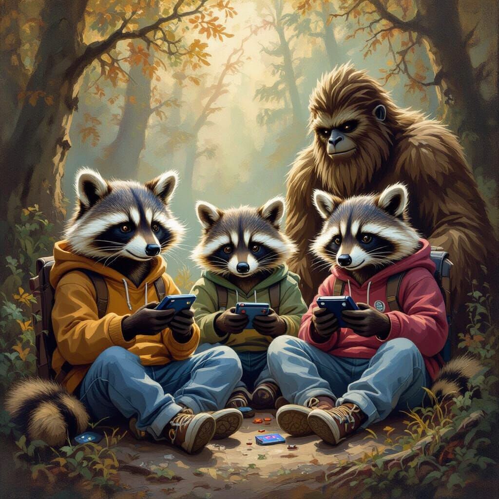 Raccoons and Sasquatch Gaming in a Mystical Forest