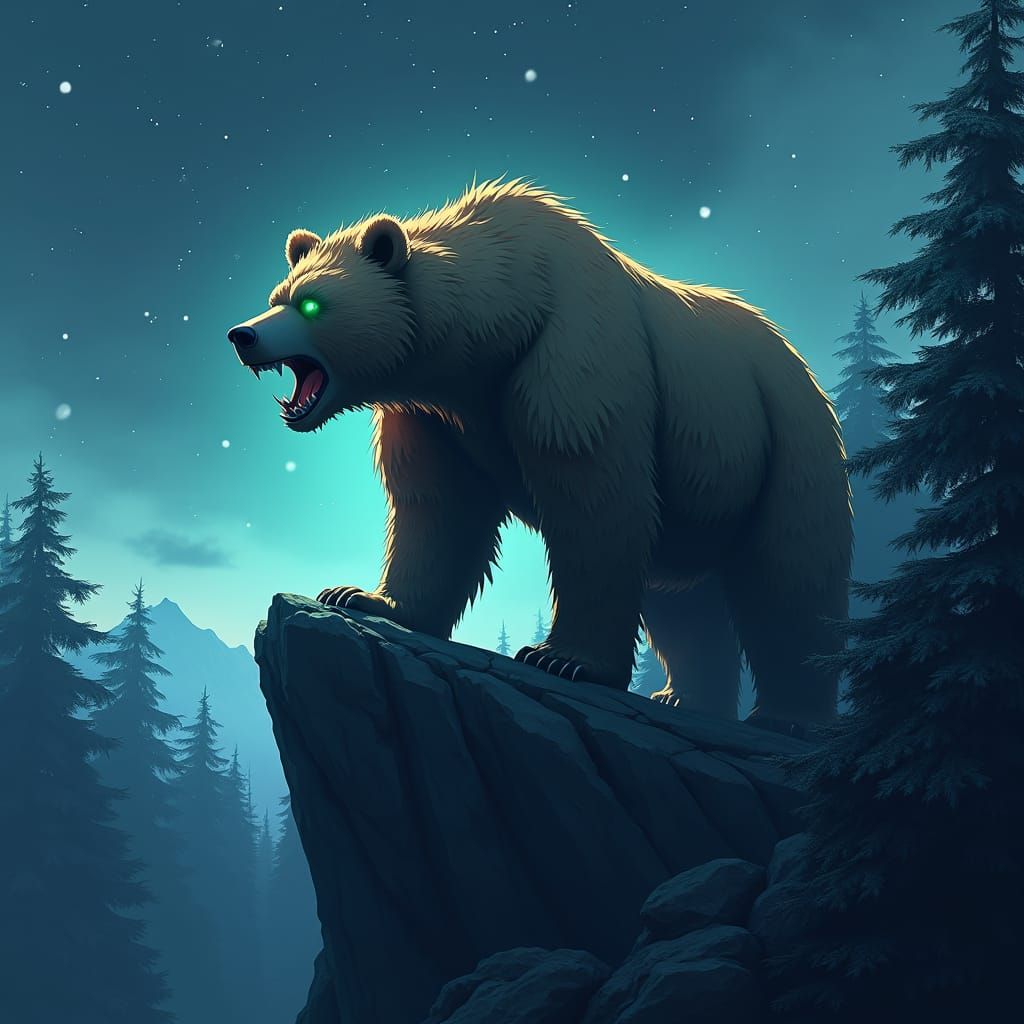 Grizzly Bear on Cliff in Anime and 3D Art Style