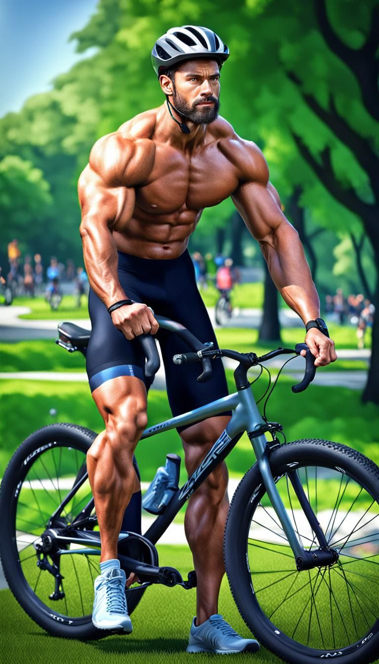 Muscular Cyclist in Park, Photorealistic HDR Image
