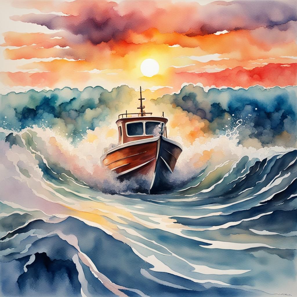 Sunset Sea Waves: Abstract Watercolor Boat Painting
