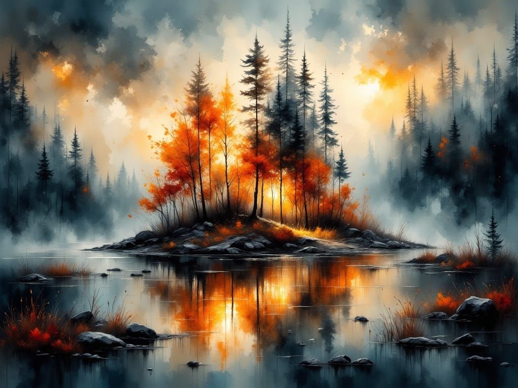 Misty Finnish Island Landscape in Watercolor Impasto Style