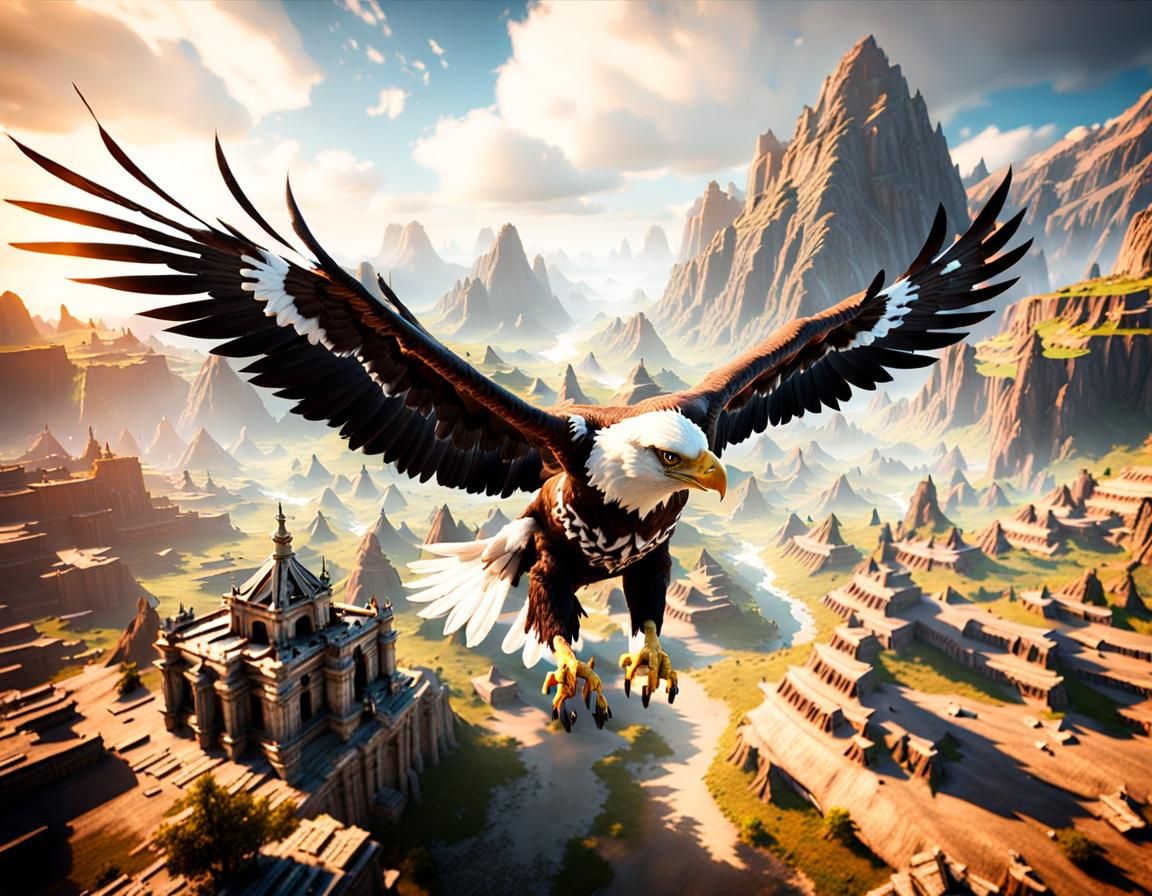 Eagle Flies Over Ancient Kingdom in Fantasy Style