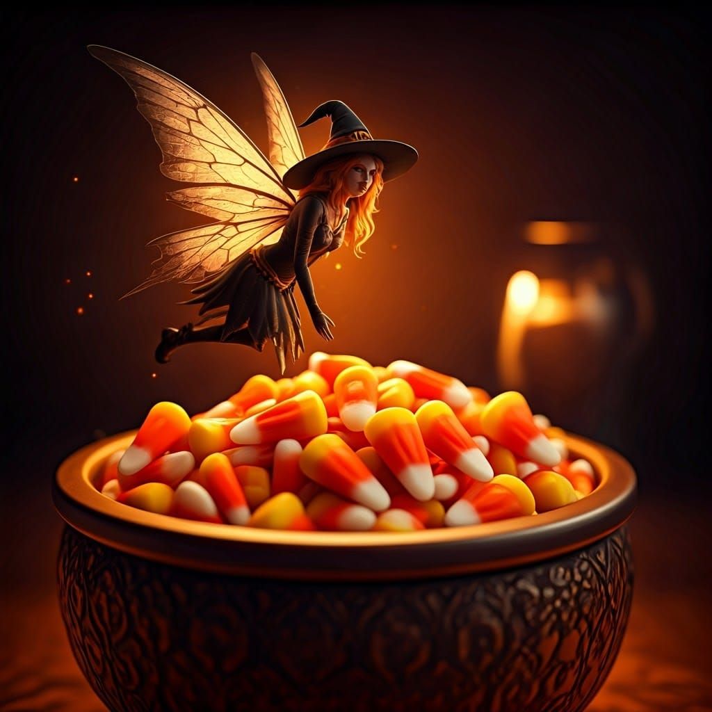Halloween Fairy over Candy Corn: Hyperrealistic Digital Art
