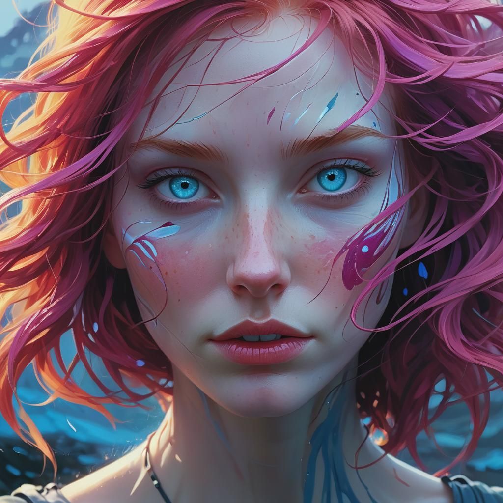 Girl with Blue Eyes and Violet Hair in Digital Art Style