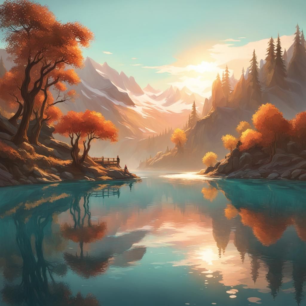 Lake Dawn: Hyperdetailed Concept Art in Art Nouveau Style
