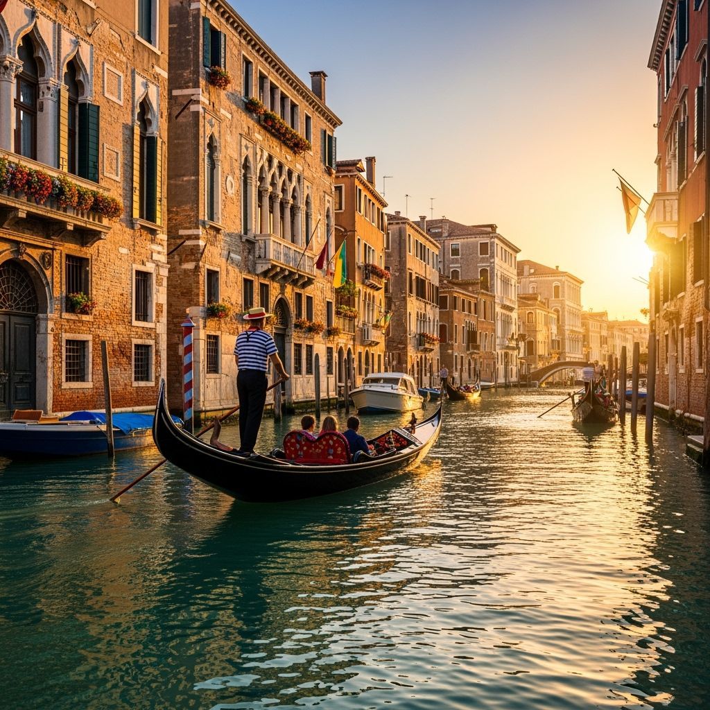 Venice Canal at Sunset with Gondolas