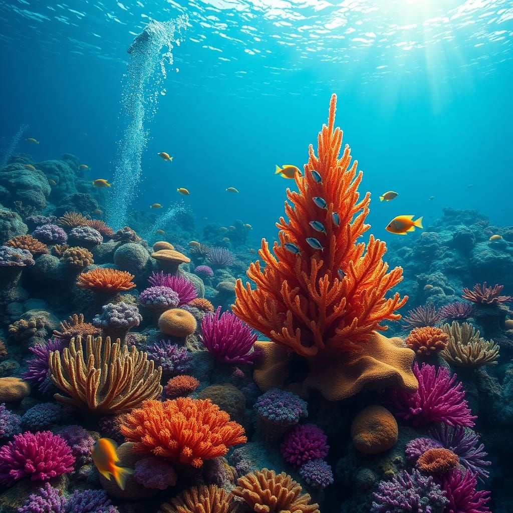 Lively Coral Reef in Calligraphy Art Style