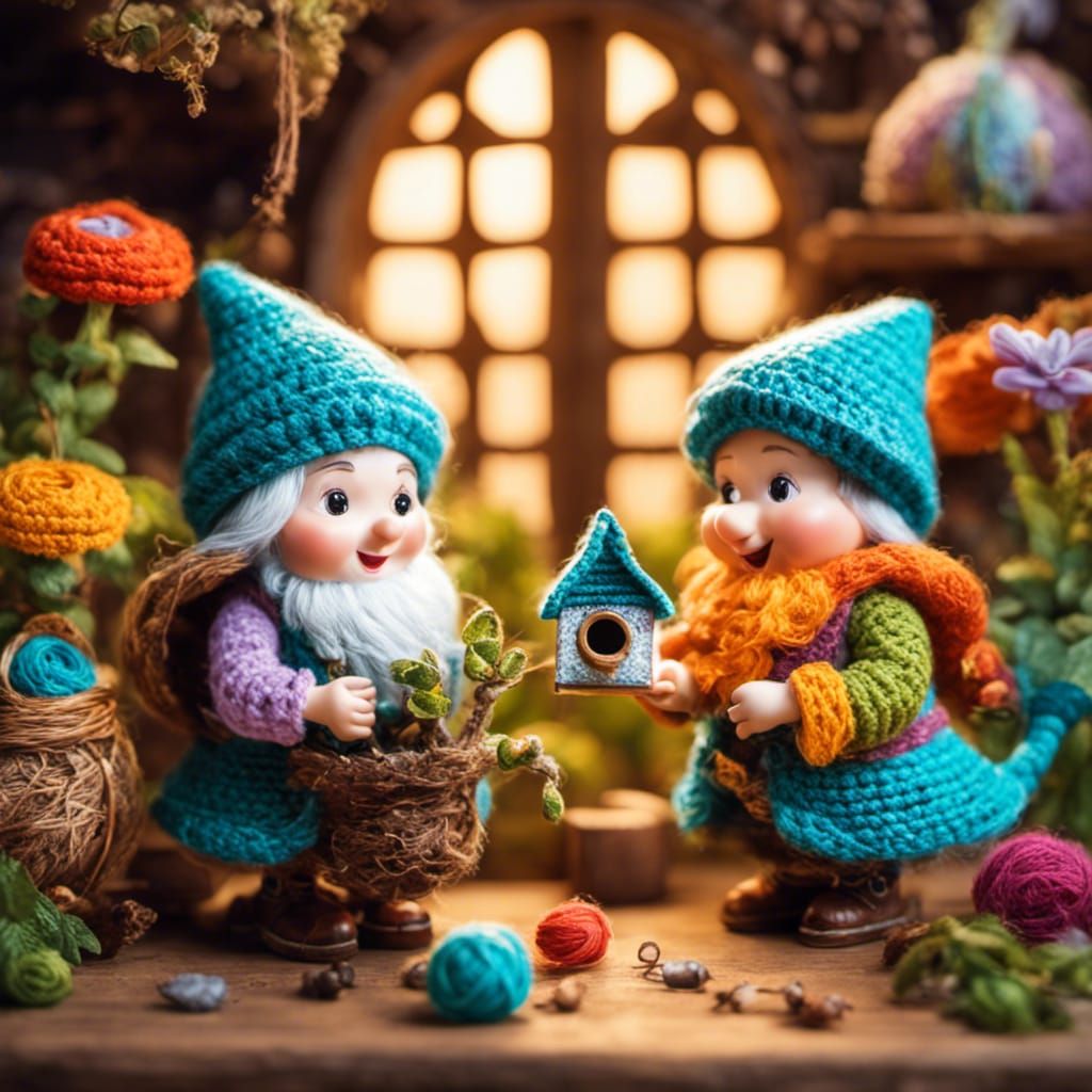 Steampunk Crochet Dwarfs Build Birdhouse Illustration