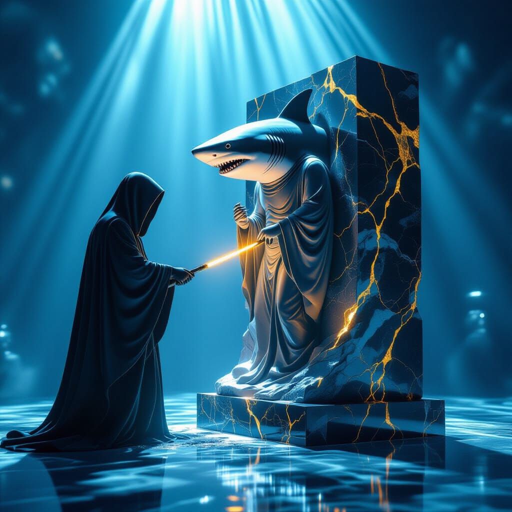 Hammerhead Shark Carves Grim Reaper Fish Sculpture in Marble