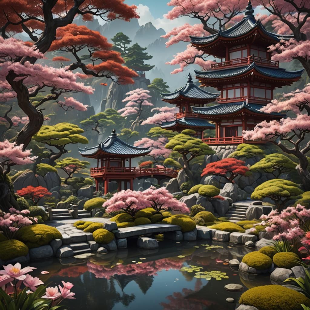 Japanese Tea Garden in Impasto Oil Style