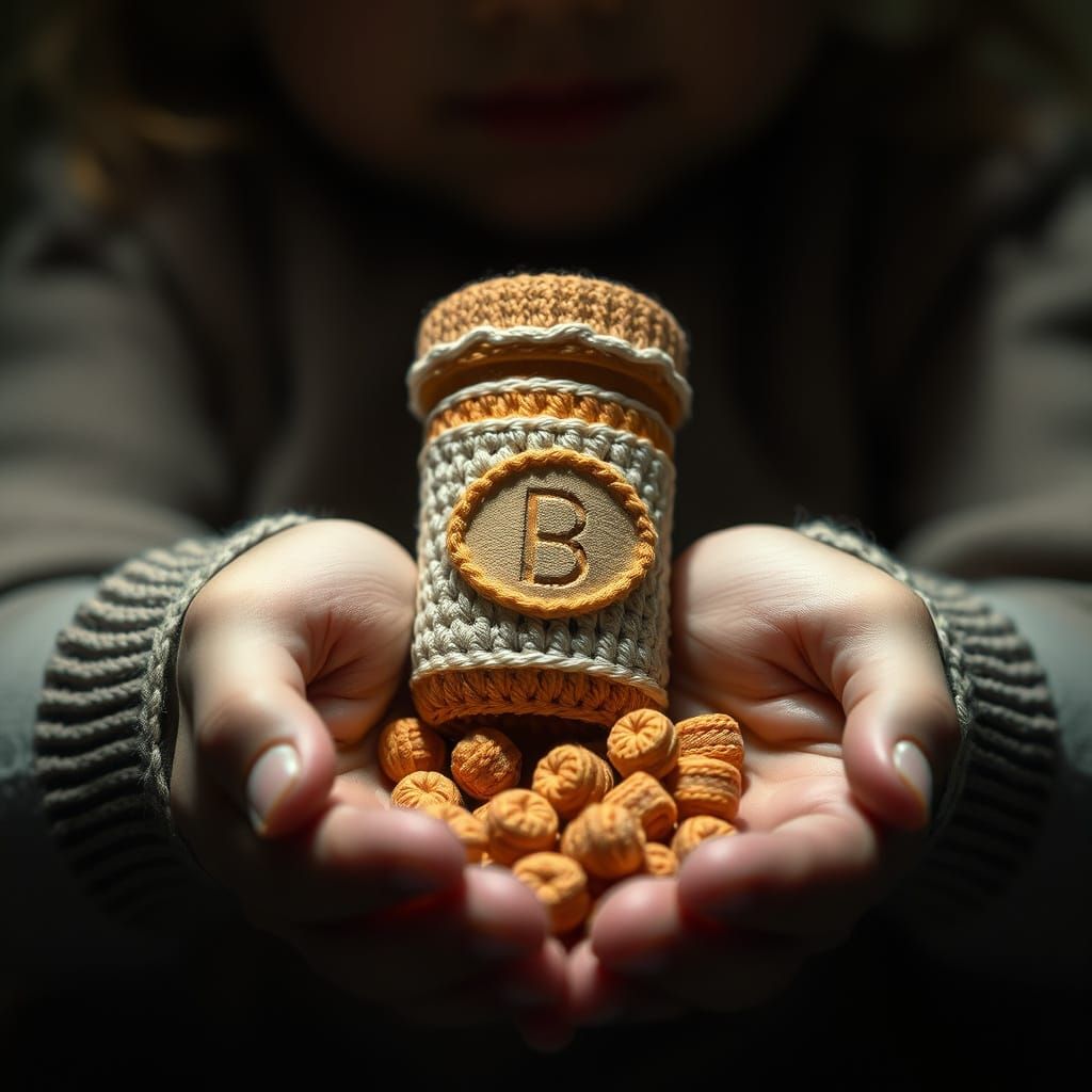 Crocheted Pill Bottle with Pills in Child's Hands