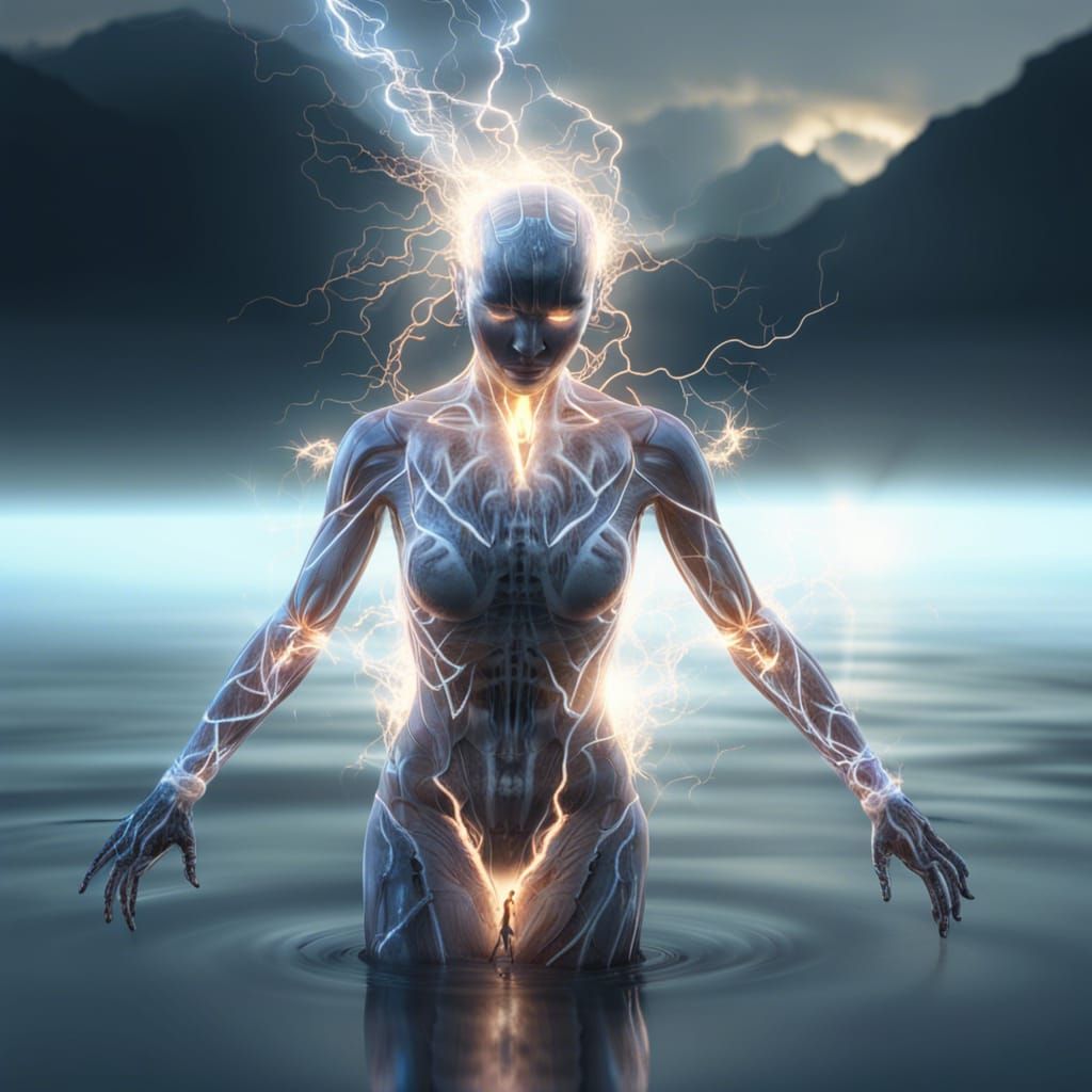 Electric Humanoid Figure Emerging from Lake