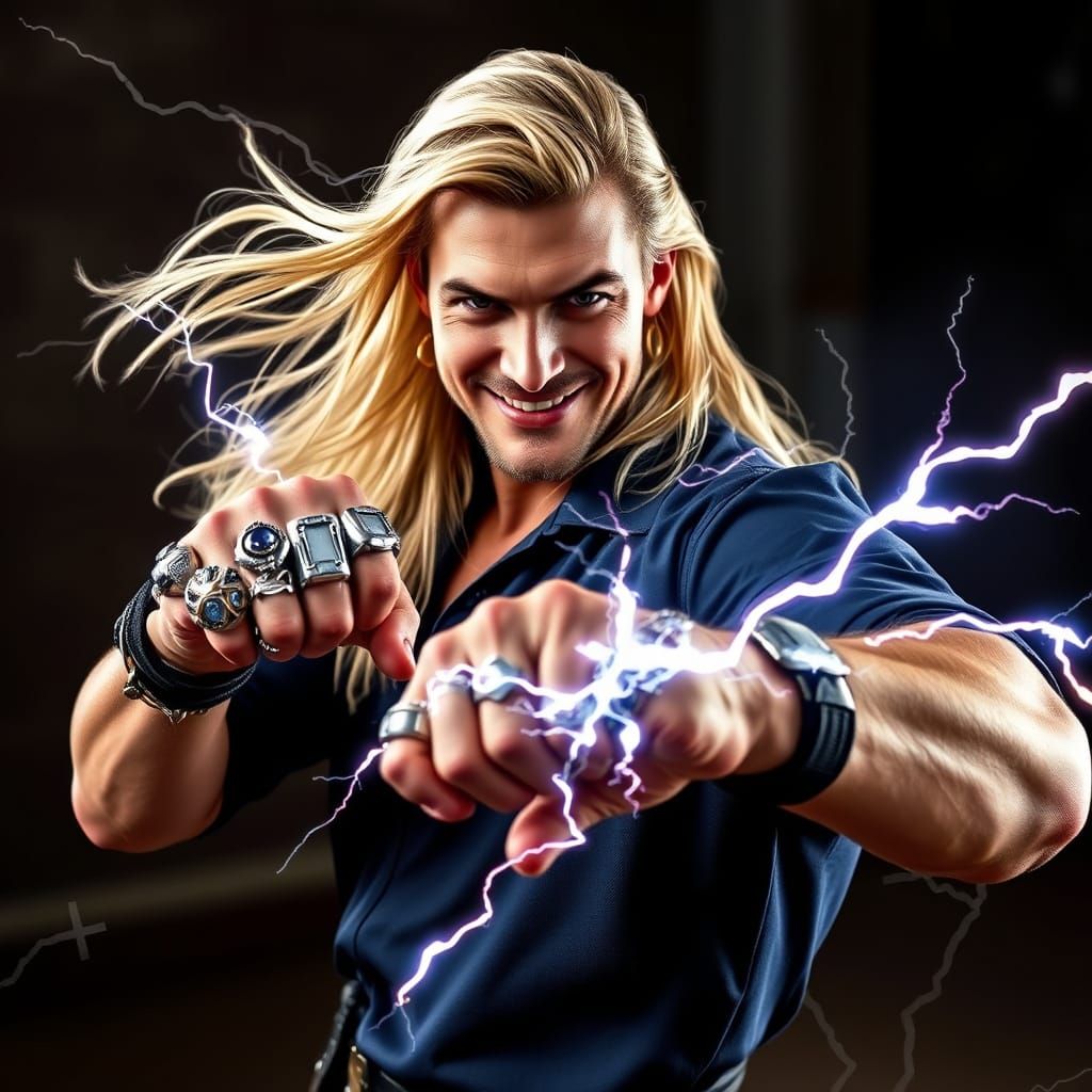 Confident Man with Electric Aura in Cyberpunk Style