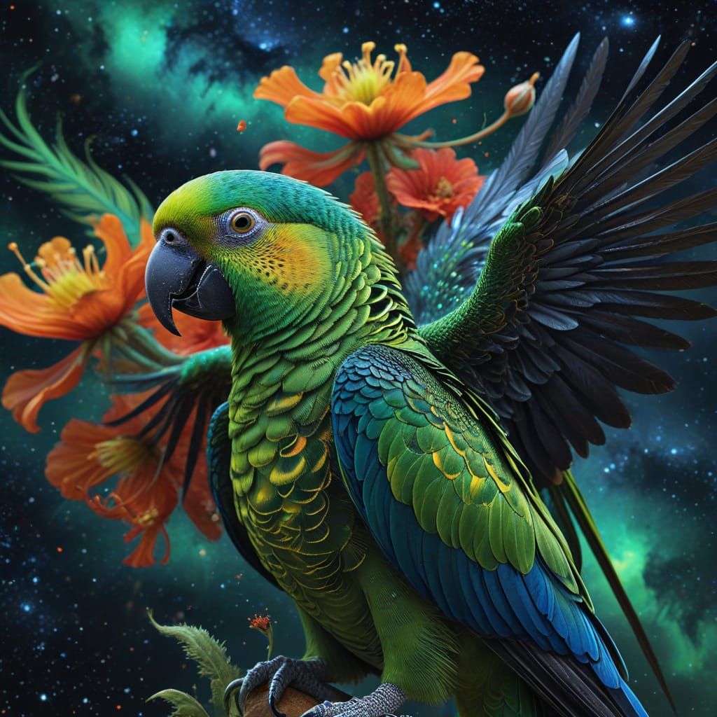 Biomechanical Parrot with Alien Flower, Digital Art