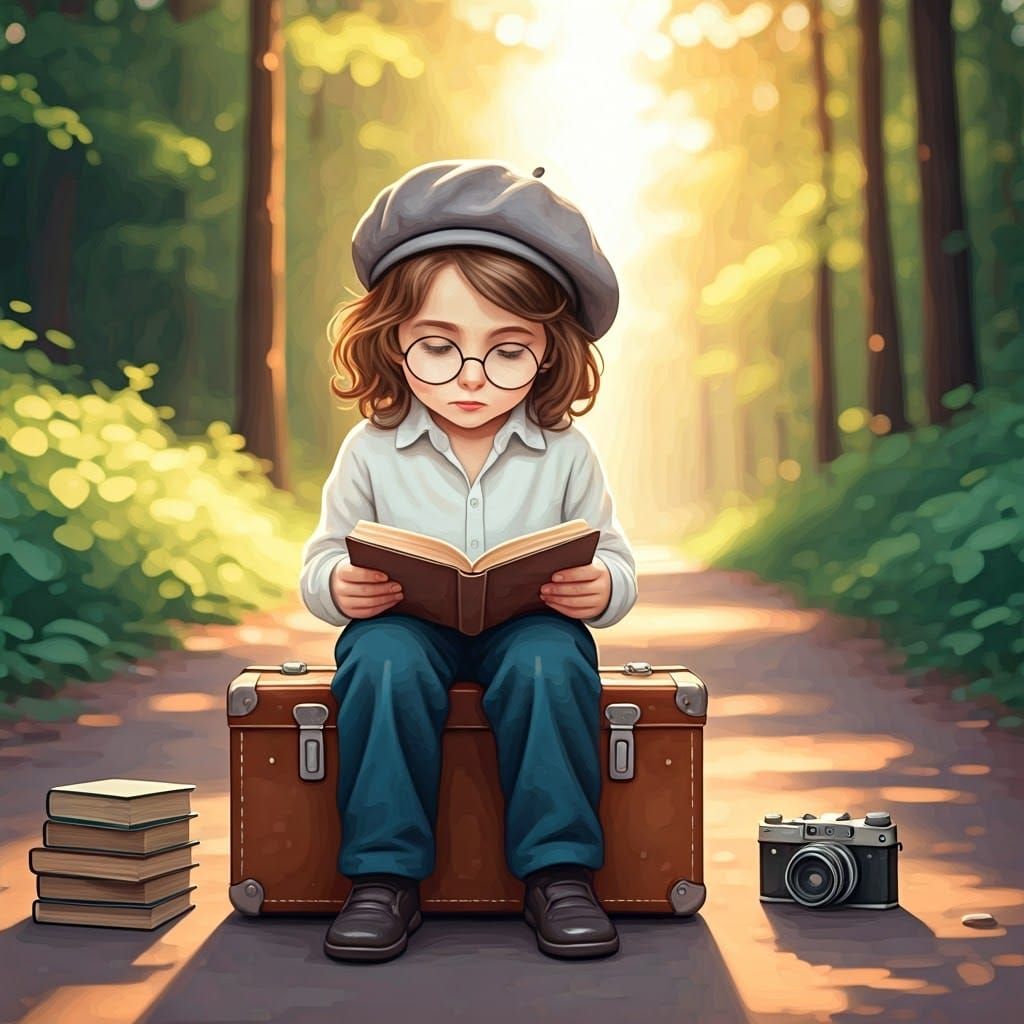 Boy Reading Book in Forest, Watercolor Style