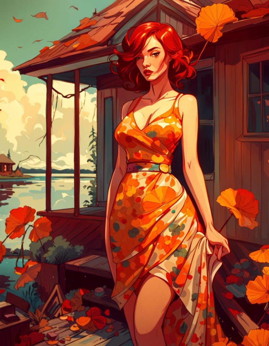 Woman on Lake House Patio in Surrealist Style