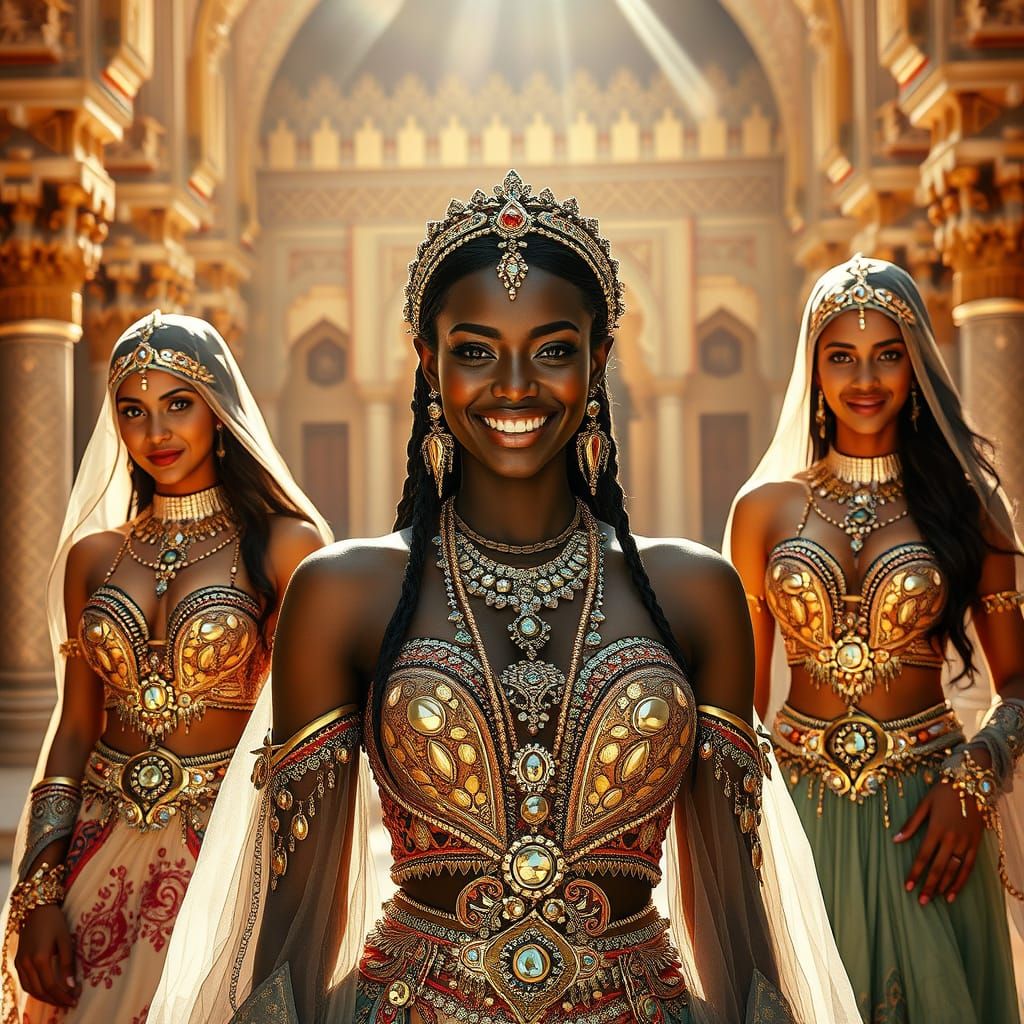 Futuristic Arabic Princess with Dancers in Art Nouveau Style