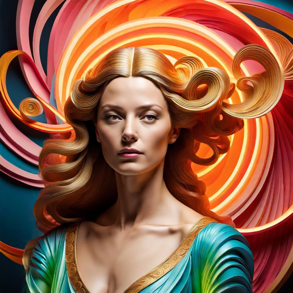 Renaissance Woman in a Surreal 3D Landscape