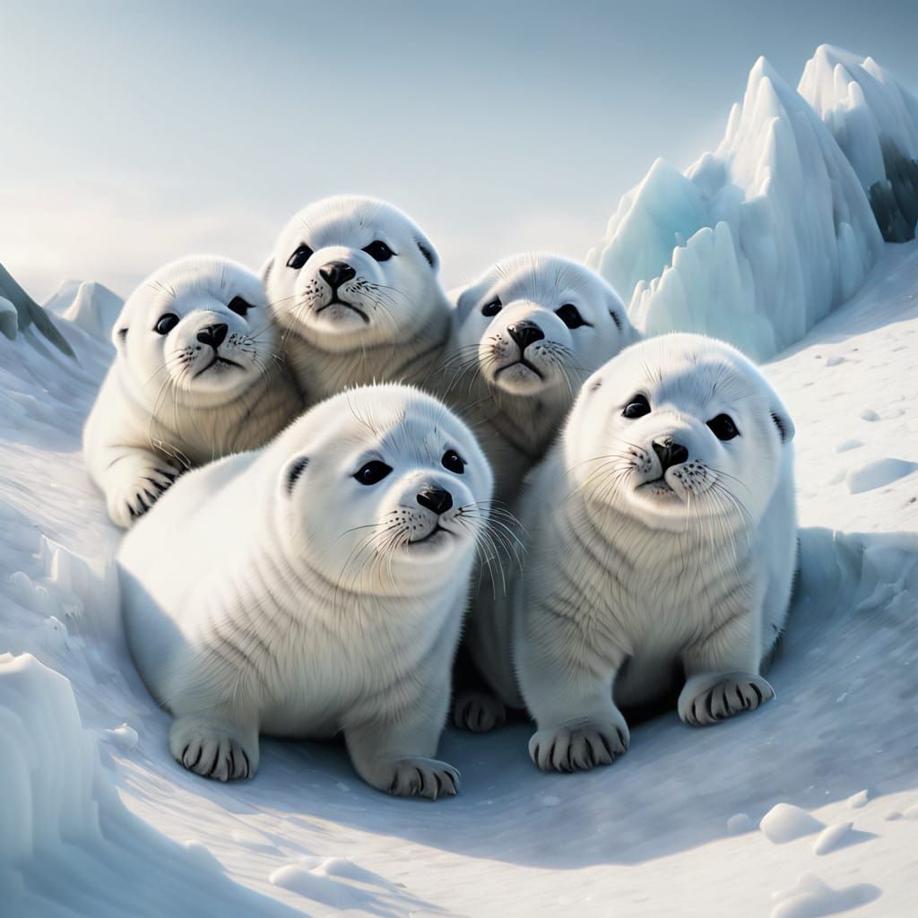 Cute Harp Seal Pups Rolling on Icy Hill