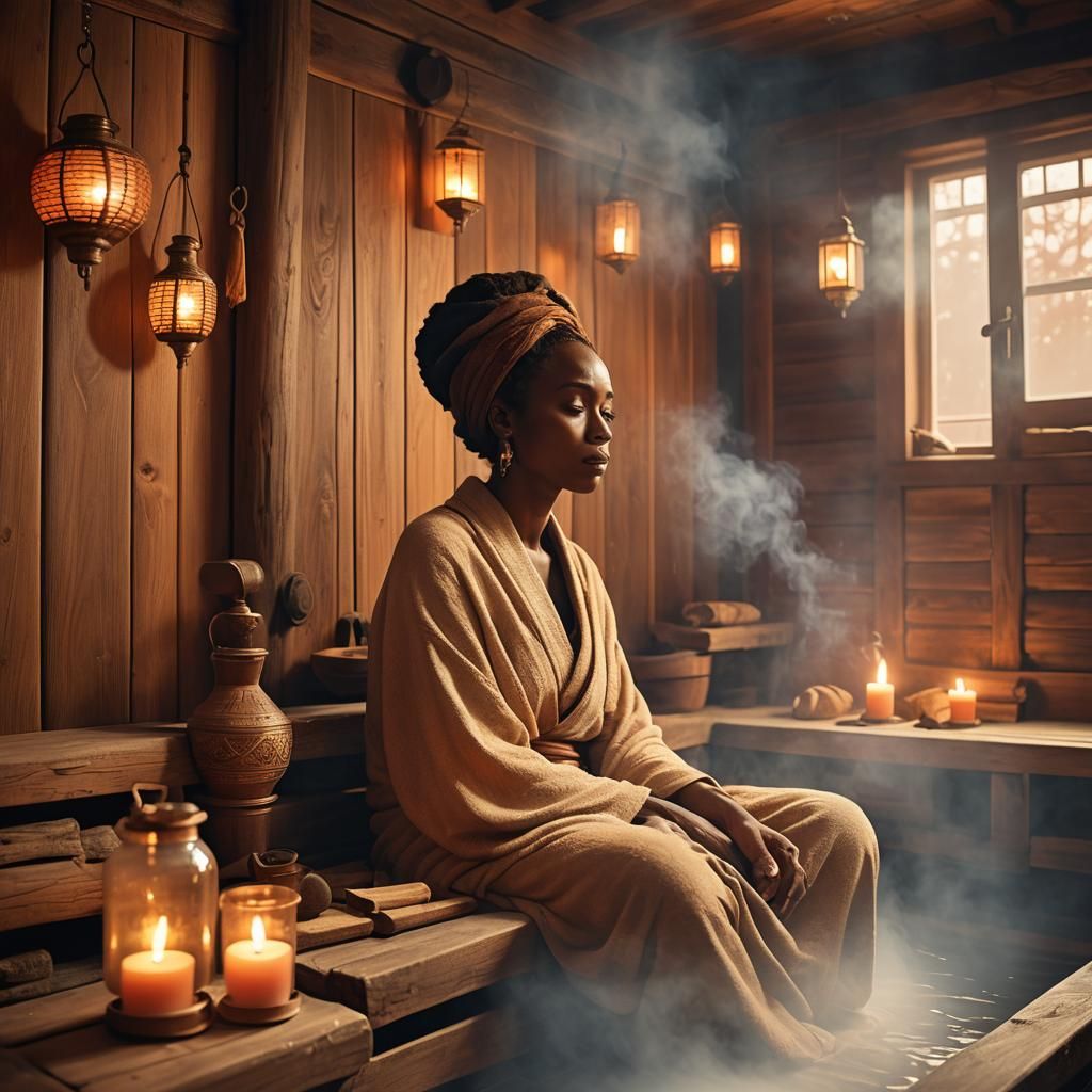 Somali Woman Relaxing in Scandinavian Sauna, Surrealist Styl...