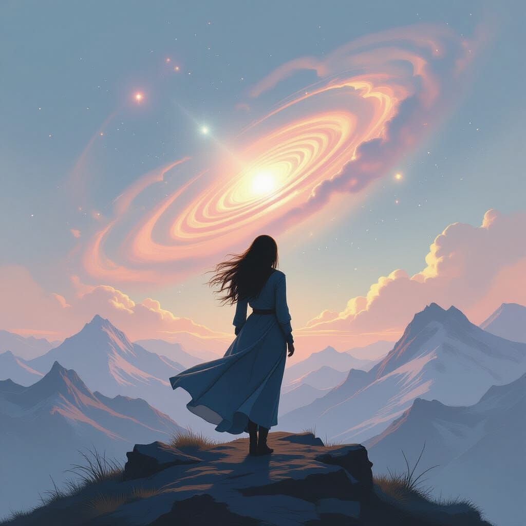 Woman Gazes at Nebula on Mountain Peak in Airbrush Style