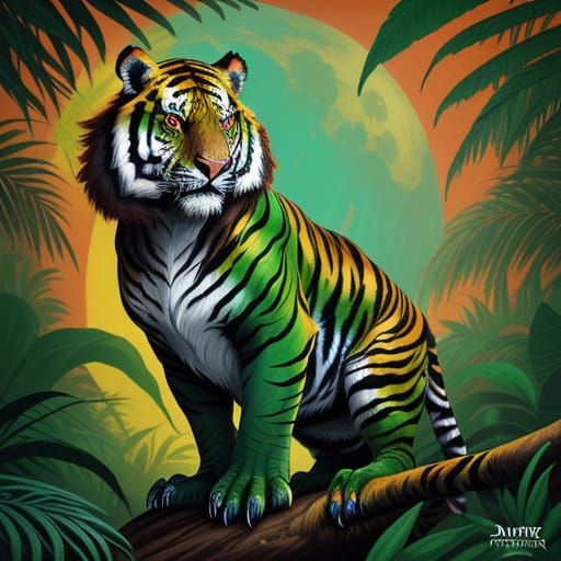 Fantasy Parrot-Tiger Creature in Twilight Jungle