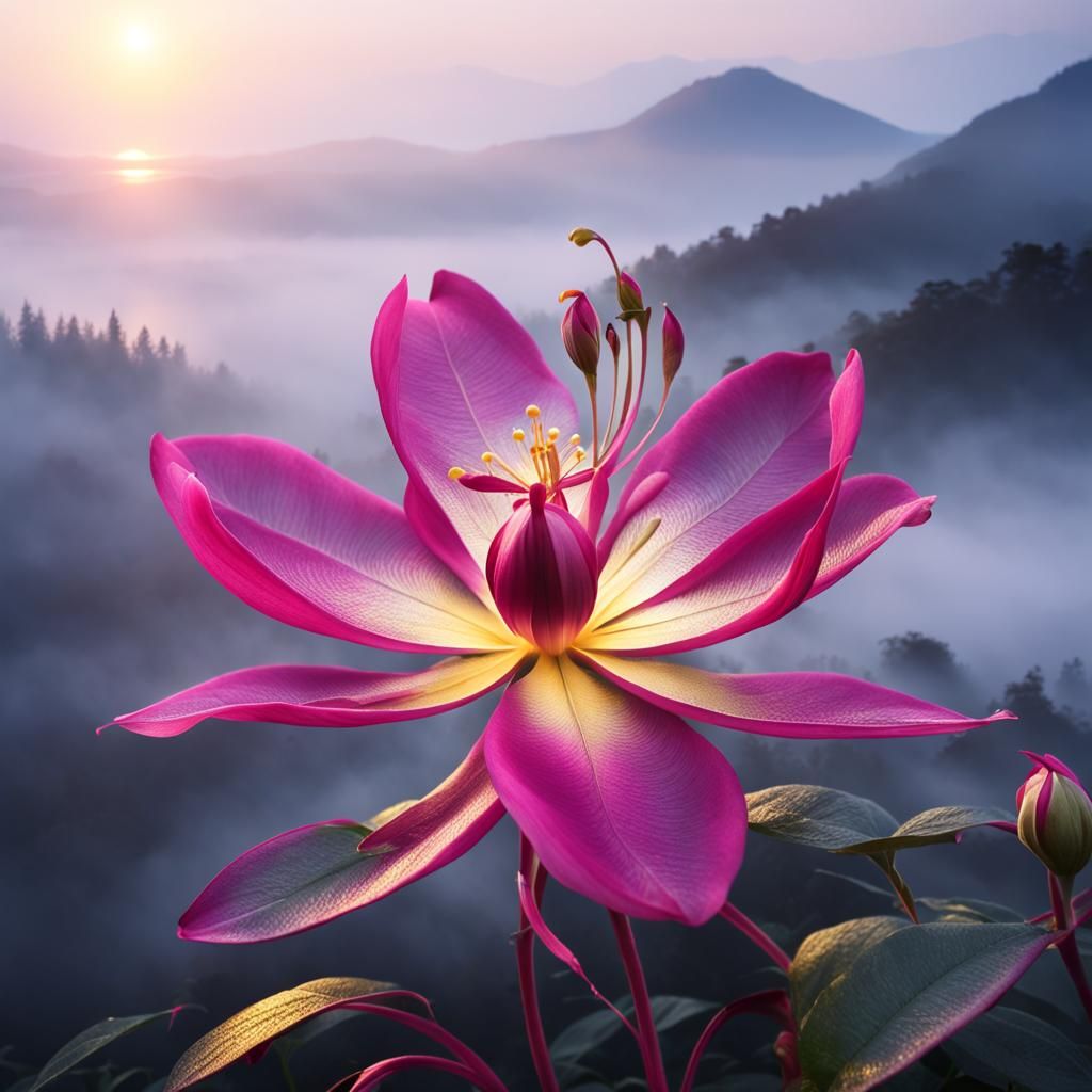 Metallic Fuchsia Flower in Misty Mountains