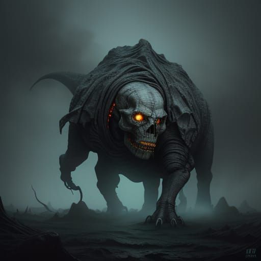 Hunched Dinosaur-Like Creature in Burial Shrouds, Holding Bo...