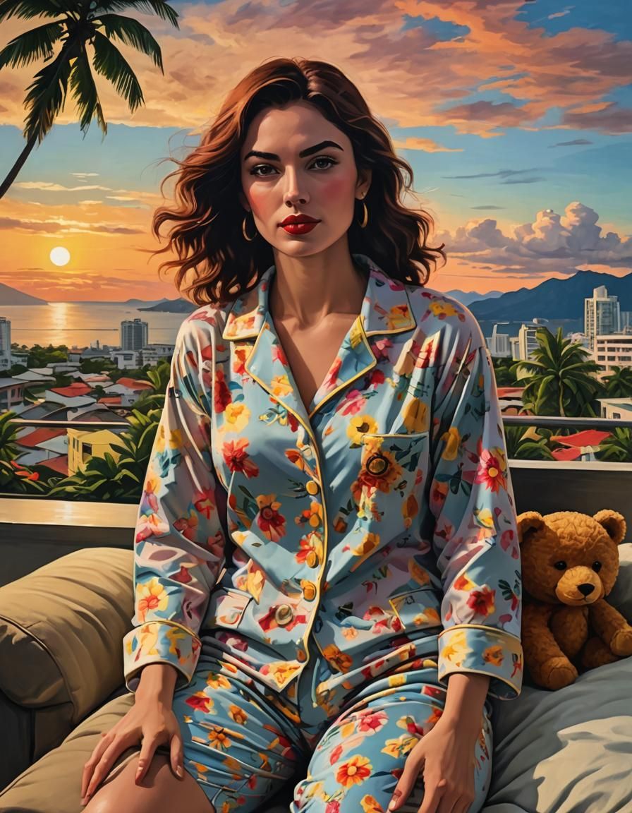 Woman in Pajamas at Sunset in Artistic Style