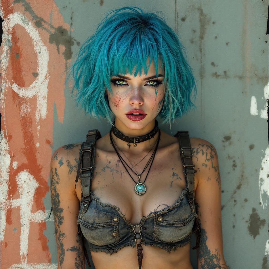 Defiant Blue-Haired Woman Against Gritty Walls