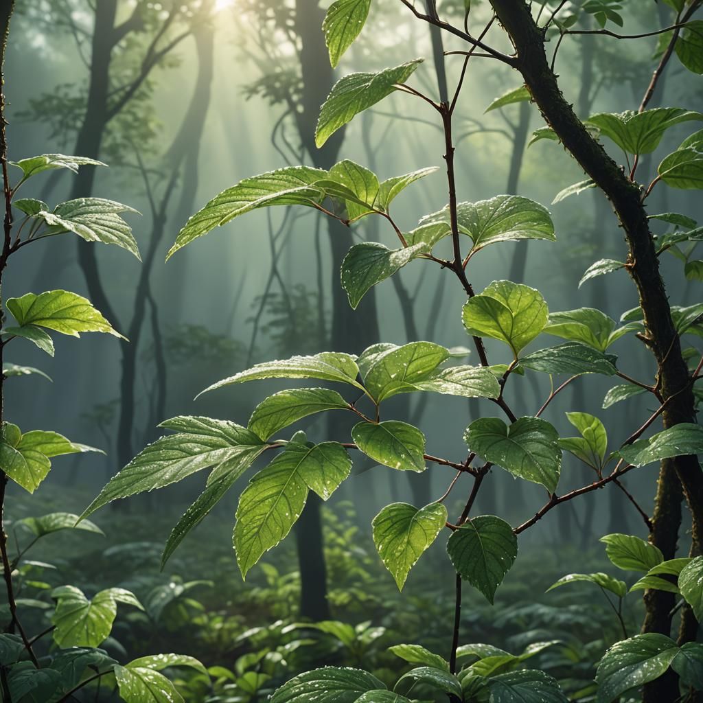 Dew-Kissed Leaf in Forest Morning: Matte Painting