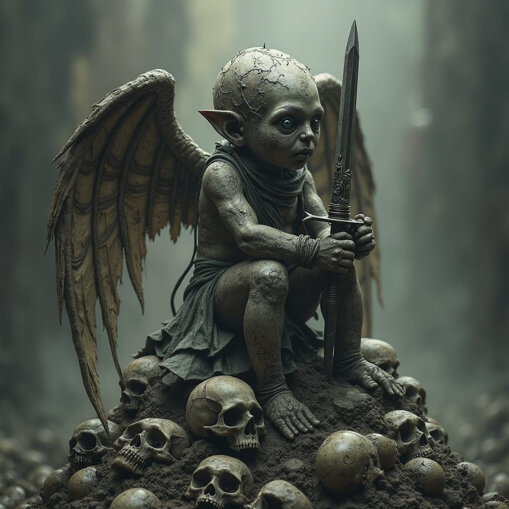 Horrific Biomechanical Cherub on Mountain of Skulls