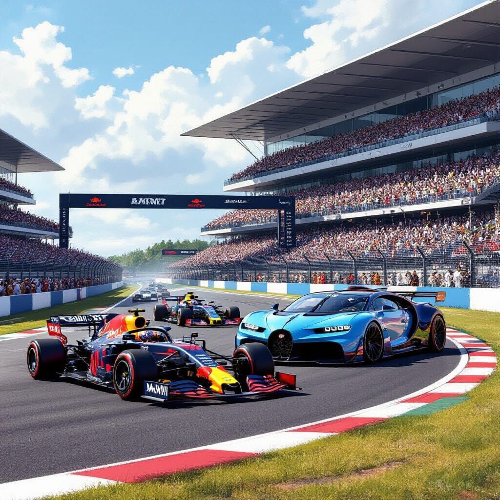 Formula One Car Races Bugatti: Hyperrealistic Digital Art