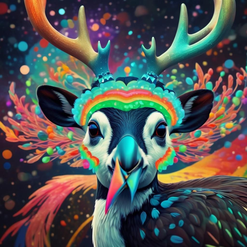 Psychedelic Christmas Puffin with Deer Antlers