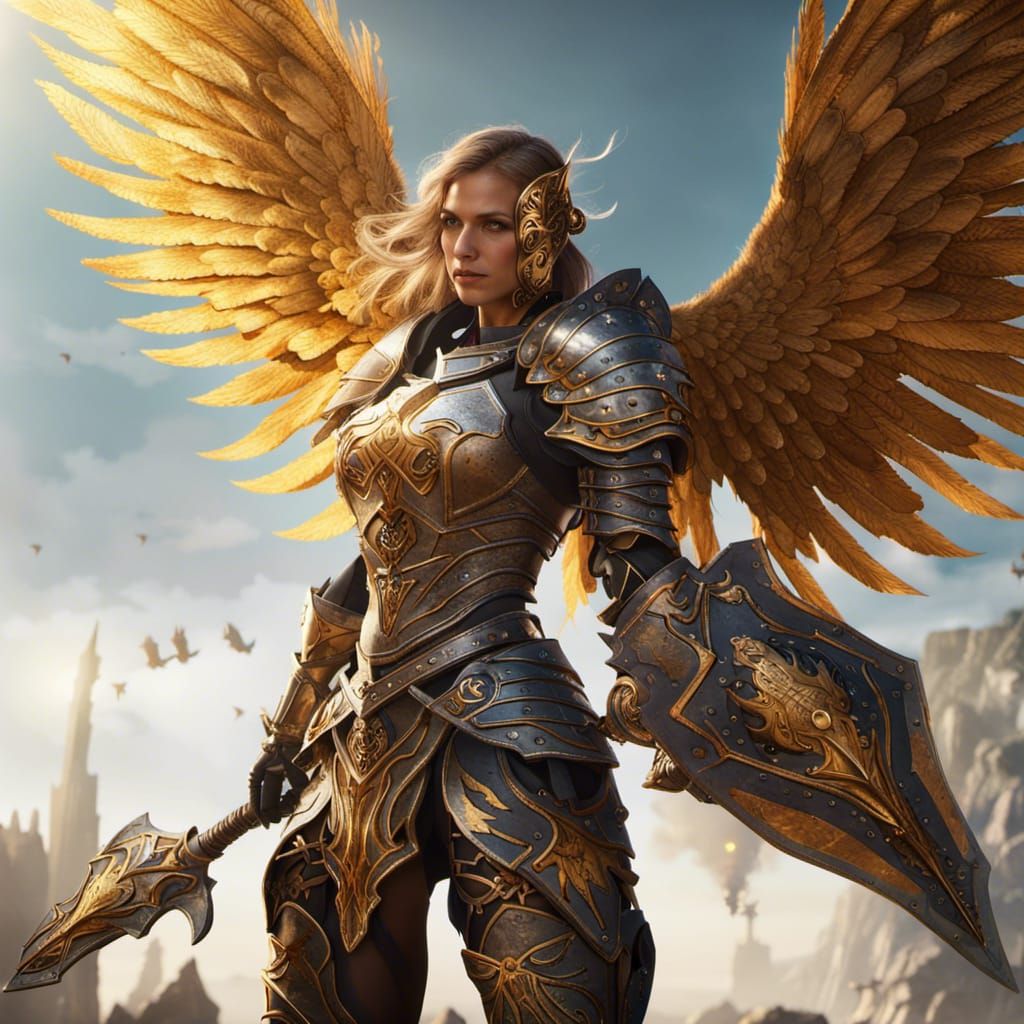 Epic Female Knight with Golden Wings