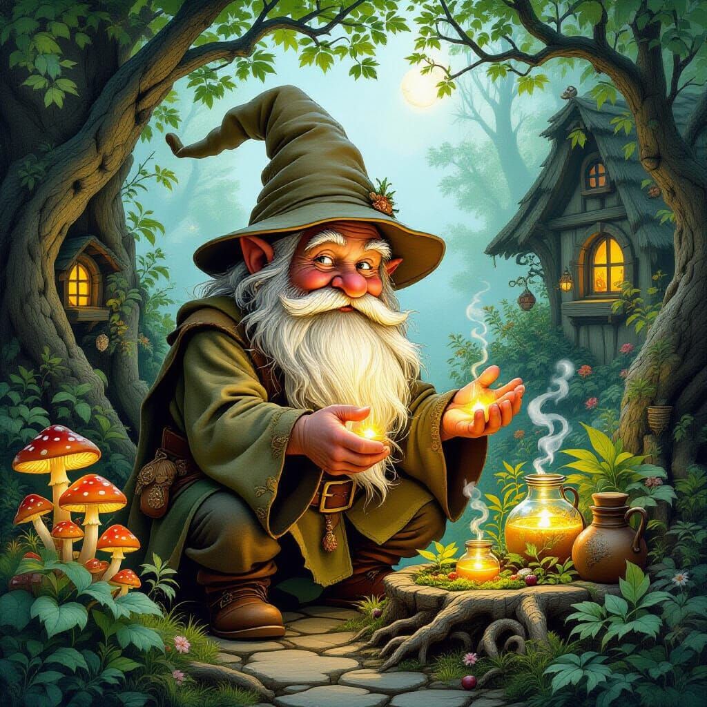 Gnome Herbalist in Mystical Garden, Art Nouveau Style