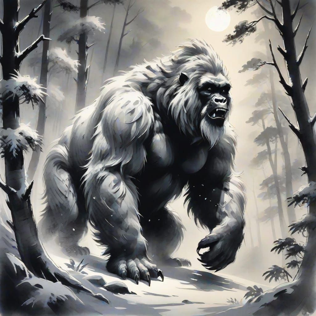 Yeti Roars in Snowy Forest: Sumi-e Ink Art