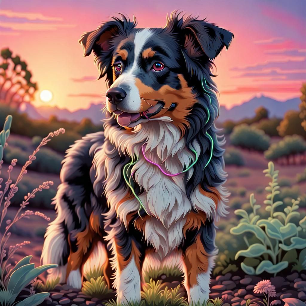 Realistic Cartoon Australian Shepherd with Neon Sunset