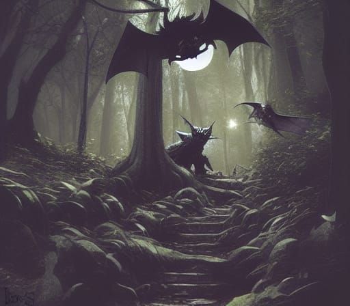 Bat Demon Guards Forest Path: Digital Painting