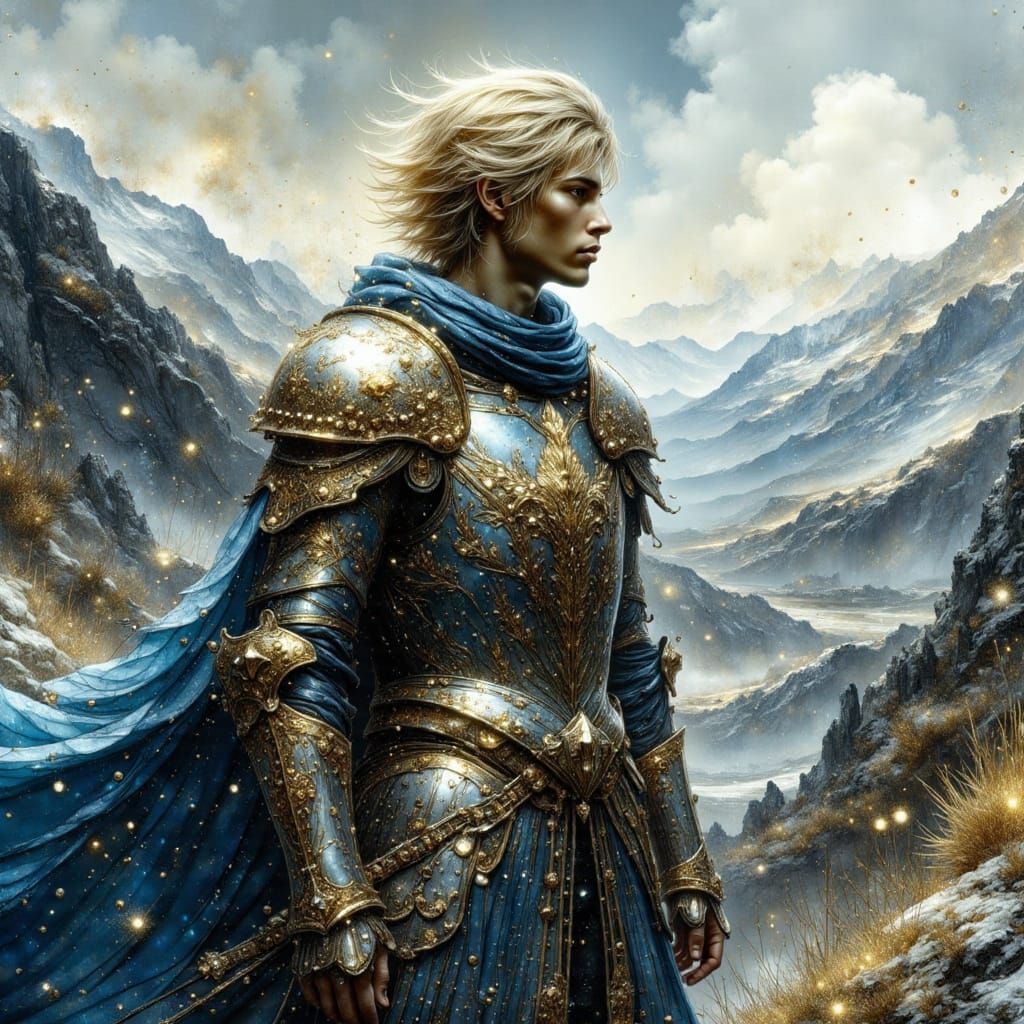 Knight Overlooking Valley in Sparkling Twilight