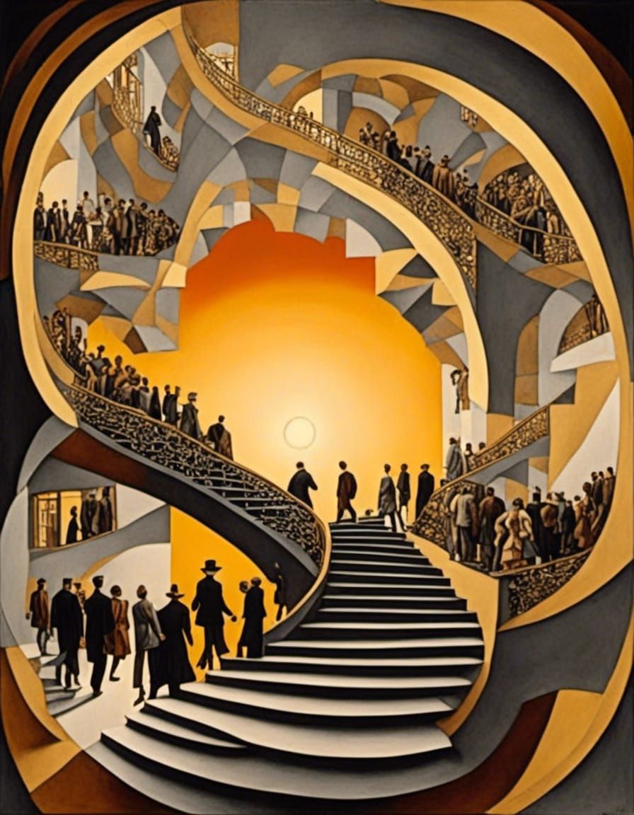 Surreal Crowd Walking on Escher-Inspired Staircase