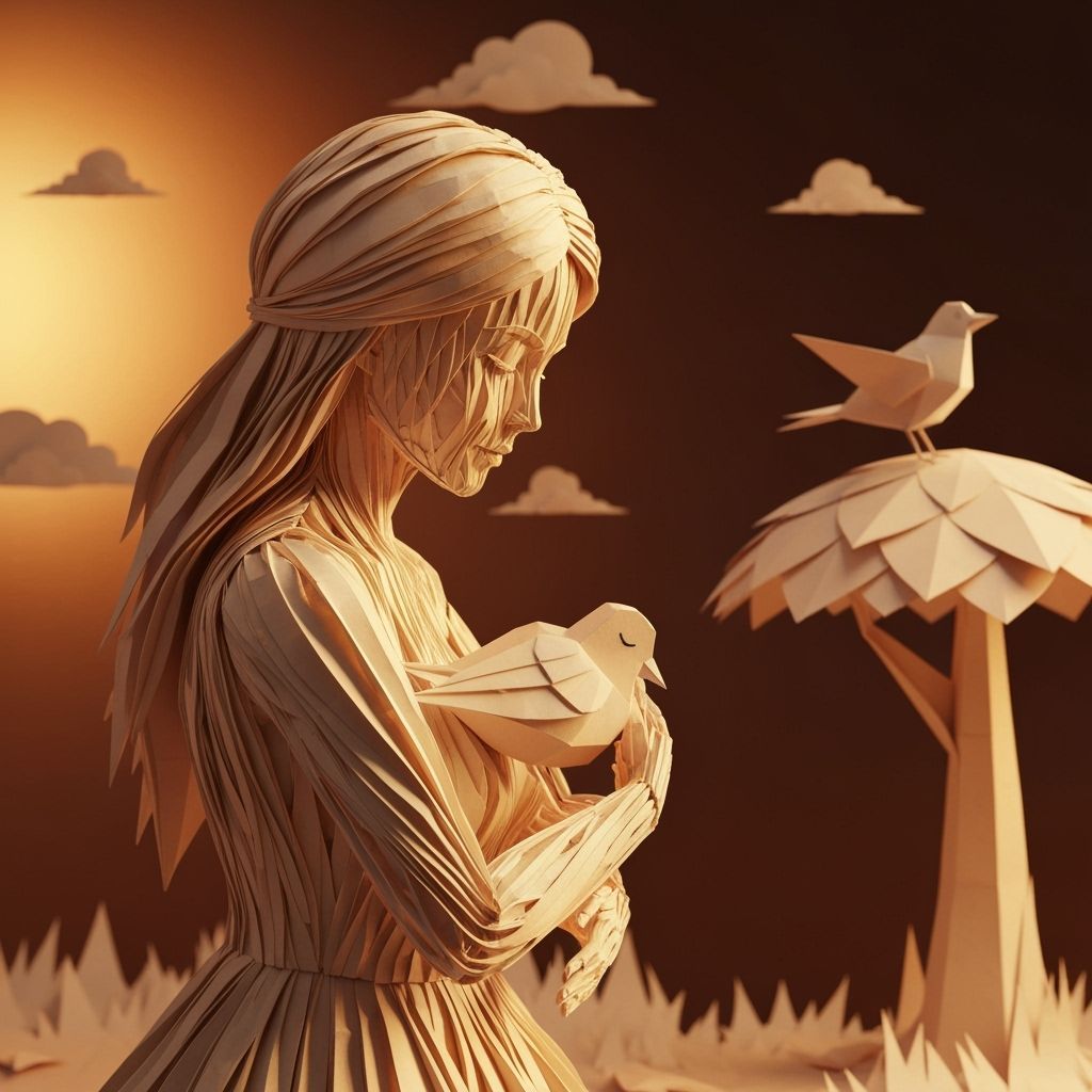 Paper Woman and Bird in Surreal 3D CGI World
