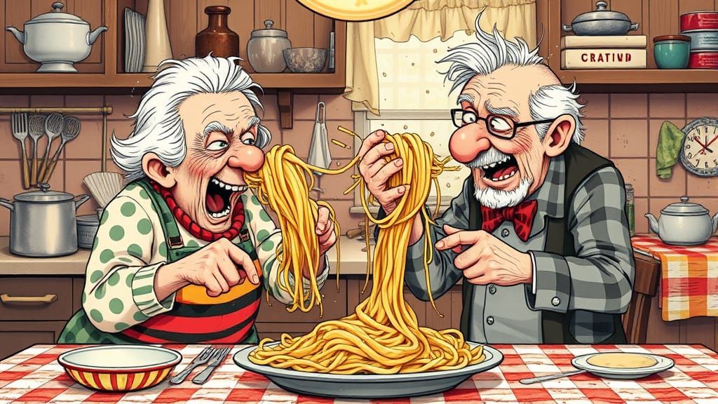Playful Elderly Couple Engage in Whimsical Spaghetti Food Fi...
