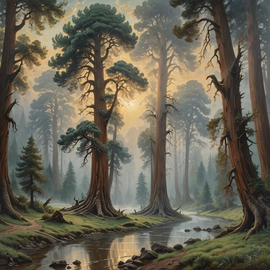 Sequoia Trees by Misty River in Renaissance Style