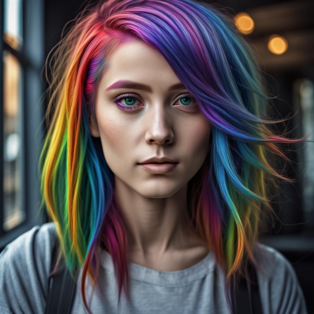 Rainbow Haired Girl in Hyperrealistic Style