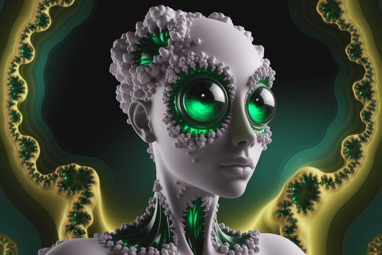 Anthropomorphic Foamy Cacoxenite Fractal with All-the-Greenstones Eyes