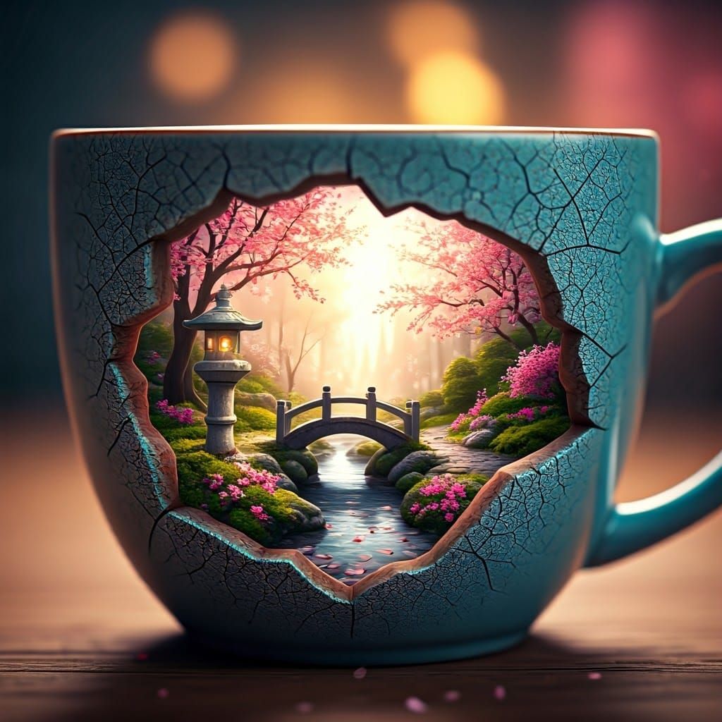 Surreal Cherry Blossom Scene in a Cracked Ceramic Mug